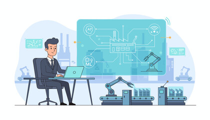 Smart Manufacturing Concept: A Businessman Oversees an Automated Factory with AI and Machine Learning Integration, Showcasing Robotic Arms on Assembly Lines and Digital Schematics on a Large Screen