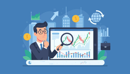 Conceptual illustration of a thoughtful businessman in a suit and glasses examining stock market charts on a tablet with a magnifying glass, surrounded by financial graphics, skyscrapers, and a