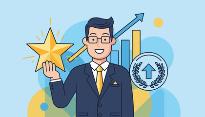 Successful businessman in a suit holding a golden star, symbolizing achievement and excellence, with a rising graph and award icon in the background, representing growth and recognition in business