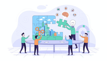 Teamwork and collaboration concept, people assembling a large puzzle depicting a cityscape, symbolizing problem-solving, strategic planning, and achieving business goals with innovative ideas and