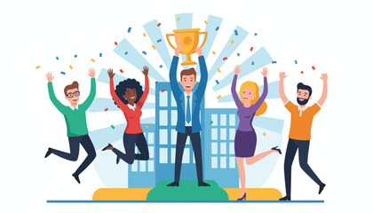 Diverse team of professionals celebrating a major business achievement, holding a golden trophy aloft amidst a shower of colorful confetti and abstract building graphics, symbolizing teamwork