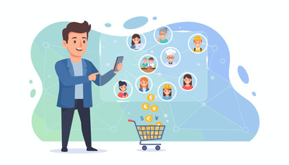 Man using smartphone to connect with diverse audience, representing target customers, audience outreach, and sales funnel concept with shopping cart full of coins and currency symbols, illustrating