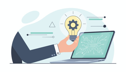 Innovative business concept: A hand holds a glowing light bulb with a gear inside, symbolizing a new idea or solution, positioned above a laptop displaying a circuit board pattern, representing