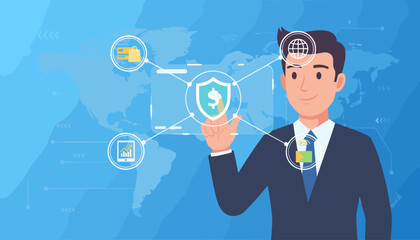 Business professional interacting with a digital interface displaying financial security icons, global network, and data analytics, representing technology and business finance concept on a world map