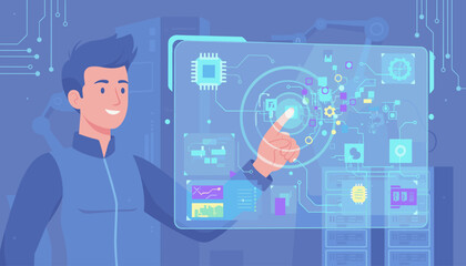 Modern technology concept: A smiling young man interacts with a futuristic holographic interface displaying complex data, circuit diagrams, and a central processing unit, symbolizing innovation and