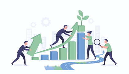 Diverse team of professionals collaborating to drive business growth, symbolized by a rising green arrow graph, plant sprout, and puzzle pieces forming a path, representing success, strategy, and