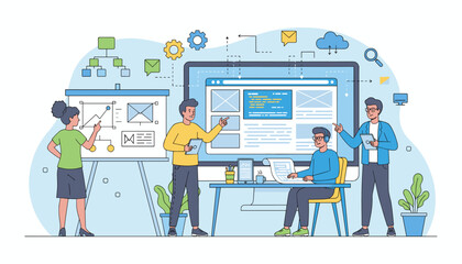 Diverse team of professionals collaborating on website development and software design, using digital tools and charts for project planning and presentation, illustrating a modern business workflow