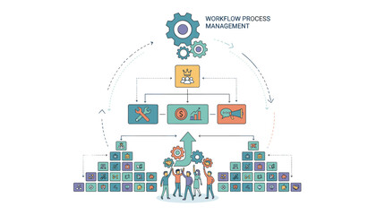 Vibrant infographic illustrating a successful business workflow management process, featuring gears, team collaboration, growth charts, and icons representing various business functions and tasks