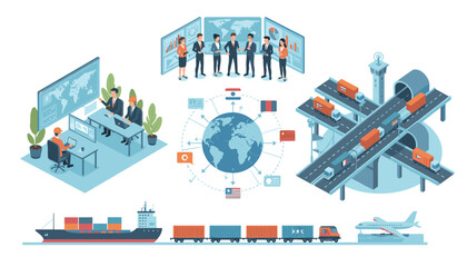 Global Transportation and Logistics Network Distribution: Isometric illustration depicting a comprehensive supply chain with ships, trains, trucks on highways, airplanes, and a control center with