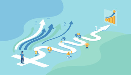 Conceptual illustration of a business journey with a person standing at a crossroads, symbolizing choices and decisions, leading to a winding path with icons representing research, ideas, and growth