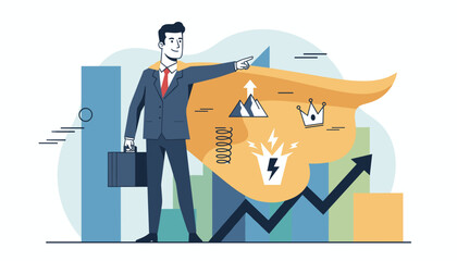 Dynamic vector illustration of a confident businessman with a superhero cape, pointing forward amidst rising bar graphs and symbolic icons representing success, ambition, and growth, perfect for