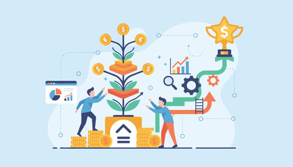 Vibrant flat illustration depicting business growth and success, featuring a money tree with coins, ascending stairs made of gold coins, gears, charts, and a trophy, symbolizing financial progress