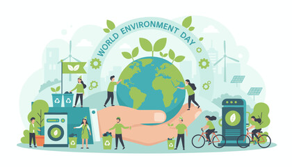 World Environment Day concept illustration with tiny people caring for the planet, recycling, planting, riding bikes, and using renewable energy sources like wind turbines and solar panels