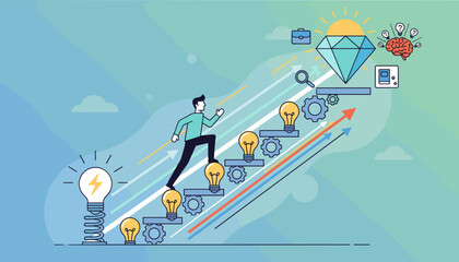 Vivid vector illustration depicting a determined man ascending a staircase of gears and lightbulbs, symbolizing progress, innovation, and the pursuit of success towards a shining diamond representing