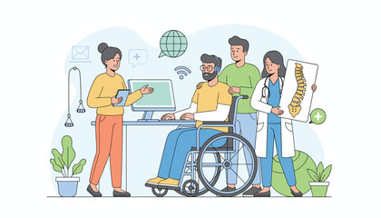 Modern vector illustration depicting a supportive healthcare team assisting a disabled person in a wheelchair, showcasing technology and medical expertise for rehabilitation and well-being, with a