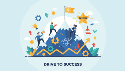 Vector illustration of a business motivation concept, depicting a team climbing a mountain towards a success flag, symbolizing teamwork, goal achievement, and overcoming challenges with tools, ideas