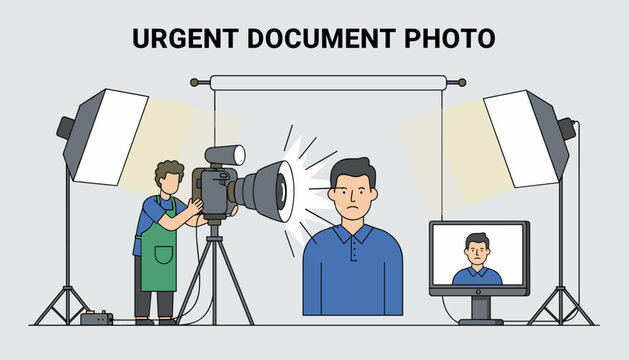 Flat illustration of a photographer in an apron operating a professional camera on a tripod, with studio lighting set up for an urgent document photo session, showing a man with a neutral expression