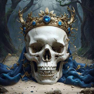 teschio umano abbandonato in una foresta scura con una corona d'oro e un mantello regale, Human skull abandoned in a dark forest with a golden crown and a royal cloak