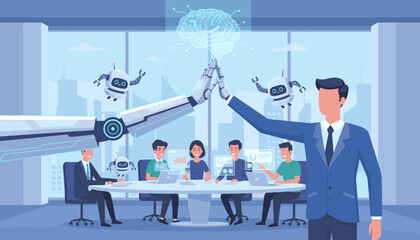 Futuristic business meeting where a human in a suit high-fives a robotic arm, symbolizing collaboration between humans and AI, with small robots floating around and a digital brain hologram above