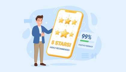 A cheerful 3D man gives a thumbs-up, holding a smartphone displaying a 5-star rating and 'Highly Recommended!' message, signifying excellent customer satisfaction and positive feedback with a 99%