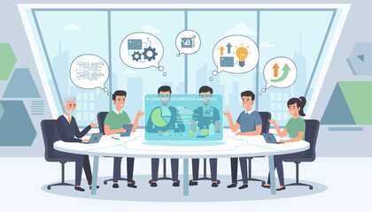 Diverse team of professionals collaborating around a futuristic holographic table displaying company information analytics, charts, and graphs, fostering innovation and strategic planning in a modern