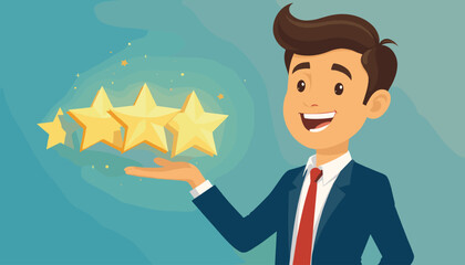 A cheerful businessman in a blue suit and red tie presents a glowing five-star rating with a bright smile, symbolizing excellent customer service, positive feedback, and business success against a