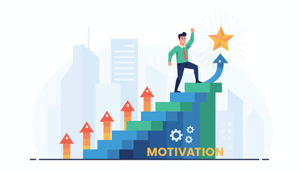 A determined businessman triumphantly climbs a vibrant staircase towards a golden star, symbolizing achievement and success, set against a backdrop of modern city skyscrapers, representing ambition