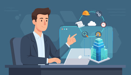 Modern BIM building information modeling technology concept with a businessman at a laptop interacting with a holographic interface displaying construction icons, a building, and data analytics