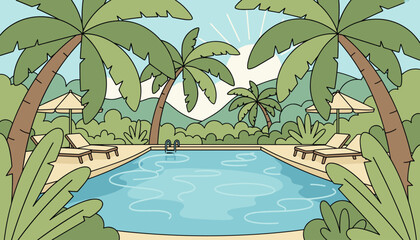 Vibrant cartoon illustration of a tropical swimming pool oasis, featuring lush palm trees, sun loungers, and umbrellas under a bright, sunny sky with gentle mountain backdrop, evoking relaxation and