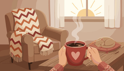 Cozy morning scene with a steaming cup of black coffee held by hands wearing a knitted sweater, next to a sleeping cat on a cushion, with a warm blanket draped over an armchair and sunlight streaming