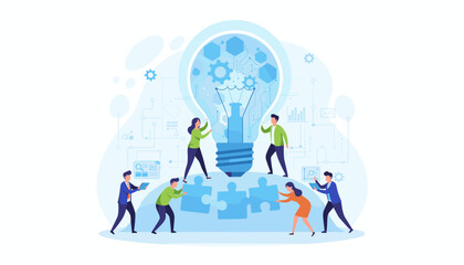 Teamwork and collaboration concept, a group of diverse people working together to build a giant glowing light bulb, symbolizing innovation, creativity, and successful idea generation, with puzzle