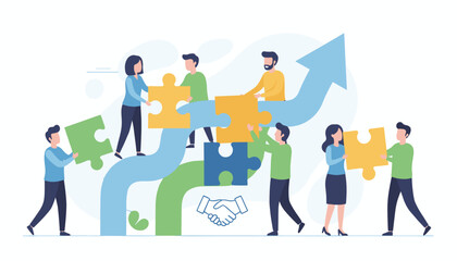 Business concept metaphor of teamwork and collaboration, with diverse people connecting puzzle pieces to build a successful strategy, symbolizing growth and partnership, illustrated with a blue arrow