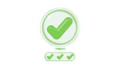 Vivid 3D green check mark symbol icon, rendered in a clean, modern style with a subtle glow and shadow effect, presented on a transparent background, symbolizing approval, success, and completion