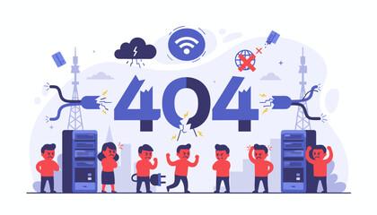 Frustrated business people react to a 404 error page with broken server racks, disconnected cables, and a storm cloud symbolizing technical difficulties and website downtime, illustrating digital