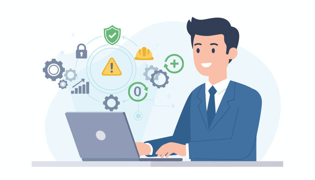 Work safety concept illustration featuring a smiling businessman in a blue suit using a laptop, surrounded by icons representing security, warnings, gears, and progress charts, symbolizing a secure