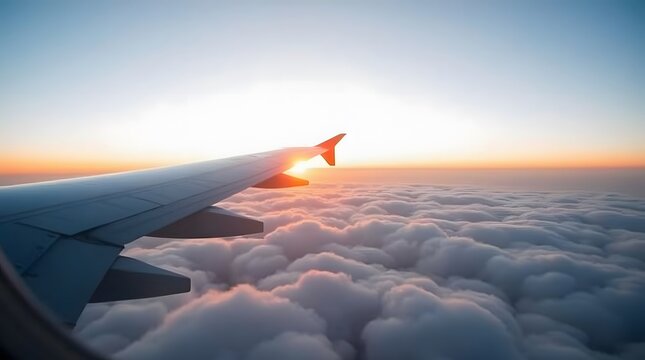 Breathtaking cloudscape and wing view from airplane window at sunset offers a tranquil travel vibe