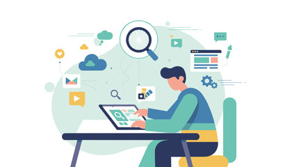 Modern flat illustration of a person working on a laptop, surrounded by icons representing web design, graphic design, search, cloud computing, and communication, symbolizing digital workflow and