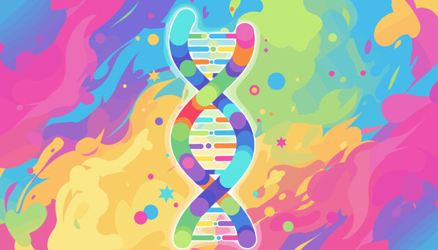 Vibrant and colorful illustration of a DNA double helix molecule, symbolizing genetics, science, and biochemistry, set against a psychedelic, abstract, and fluid background with swirling shapes and