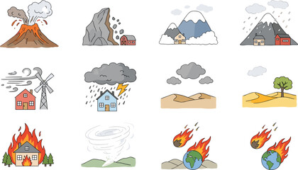 Natural disasters, environmental hazards, volcano eruption, tornado impact, wildfire danger, meteor strike, drought scene, storm damage, avalanche risk, disaster icons