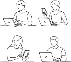 Business People with Gadgets Line Illustration Collection Typing, Talking, and Chatting Scenes