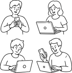 Business People with Gadgets Line Illustration Collection Typing, Talking, and Chatting Scenes