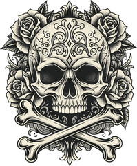 Decorative skull and roses vector with gothic patterns and crossed bones, monochrome tattoo-style illustration for dark symbolism, design, and art themes