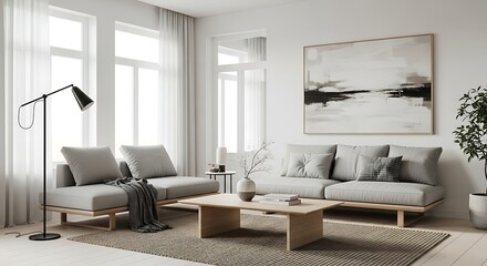 Cozy Modern Living Room Light-Filled Interior Design with Stylish Furniture and Decor