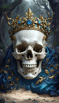 teschio umano abbandonato in una foresta scura con una corona d'oro e un mantello regale, Human skull abandoned in a dark forest with a golden crown and a royal cloak