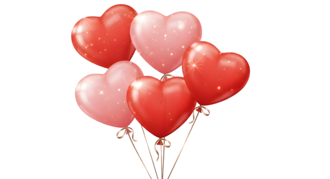 A cluster of heartshaped balloons in red and pink, floating upwards with strings, isolated on transparent background