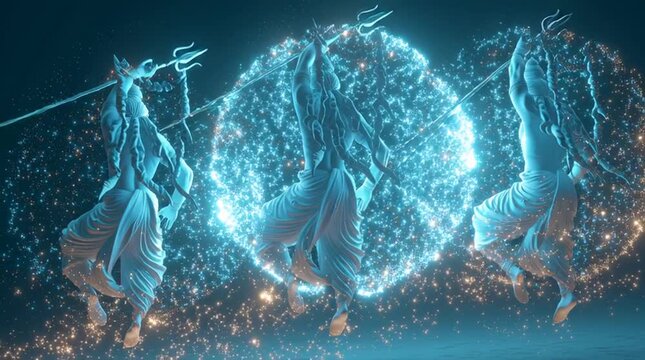 Animated 3D scene of Brahma creating glowing worlds, Vishnu protecting them with radiant light, and Shiva transforming darkness into pure energy in a powerful cosmic balance.
