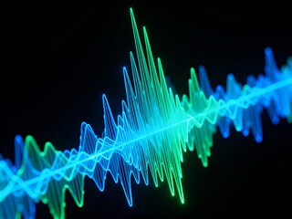 A glowing green and blue abstract sound wave or audio waveform, symbolizing music, voice, and frequency.