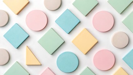 Pastel colored geometric shapes circles squares triangles arranged in a repeating pattern on a white background