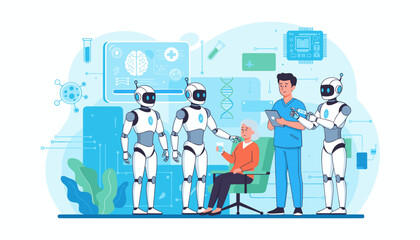 Advanced medical technology showcases AI robots assisting a doctor in patient care, diagnostics, and treatment, featuring futuristic healthcare innovations and scientific research elements like DNA