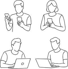 Business People with Gadgets Line Illustration Collection Typing, Talking, and Chatting Scenes